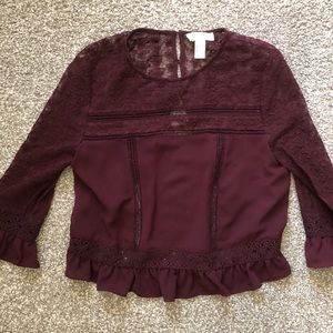 Forever21 Maroon Lace Ruffle Top Long Sleeve
